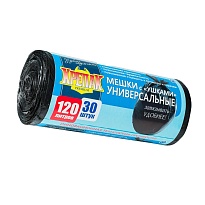 Мешки для мусора 120 л, с ушками, черные, в рулоне 30 шт., ПНД, 15 мкм, 1100х700 мм, Крепак, 4607075710375 в Люберцах