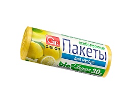 Мешки для мусора 30 л, ароматизированные, Лимон, желтые, в рулоне 20 шт., ПНД, 9 мкм, 560х530 мм, GRIFON Aroma, 101-020 Li в Люберцах